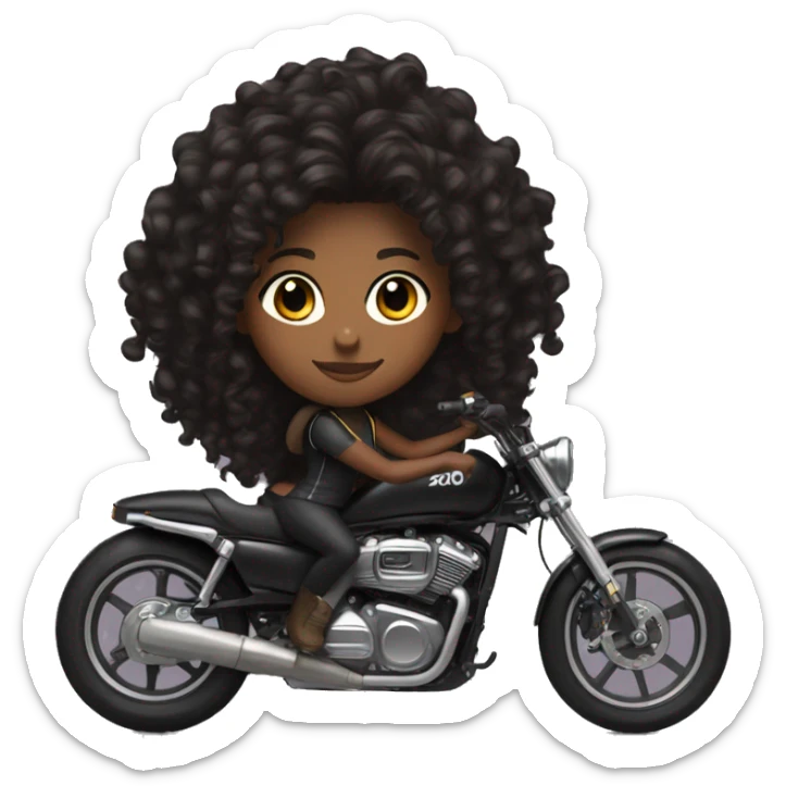 A brown skin girl with long curly black hair on a black sports bike  sticker
