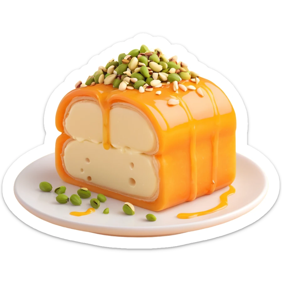 Halawet el Jibn sweet cheese roll dessert, sliced to show creamy center, garnished with crushed pistachios and syrup sticker