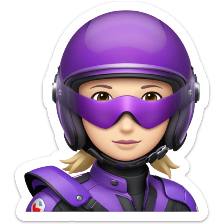 Créer un emoji avec une moto mt07 sport noir mate / violet iridescent très foncé, pare-brise de la moto violet. Avec une pilote dessus, visage masqué par la visière violette . Avec en arrière plan cercle violet. sticker