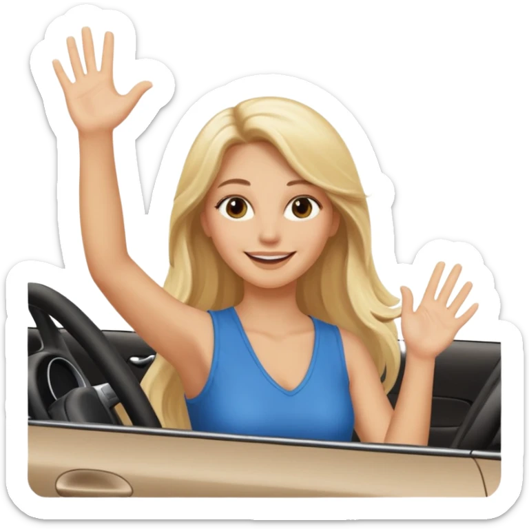 blonde long hairwoman driving car. one hand up Happy face confidence sticker