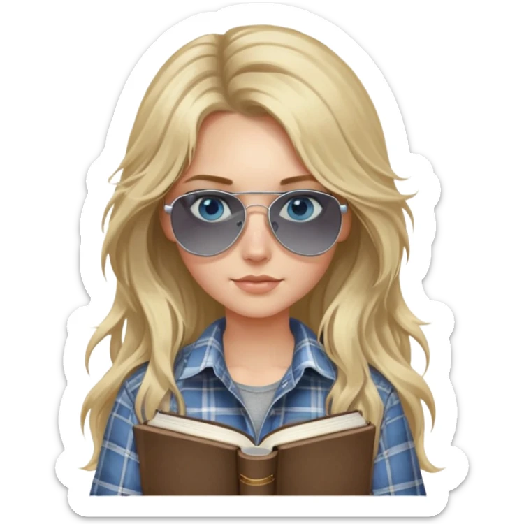 girl with long blond messy hair wearing grey plaid shirt with blue eyes and aviator sunglasses wearing a ring on her silver necklace, holding law books sticker