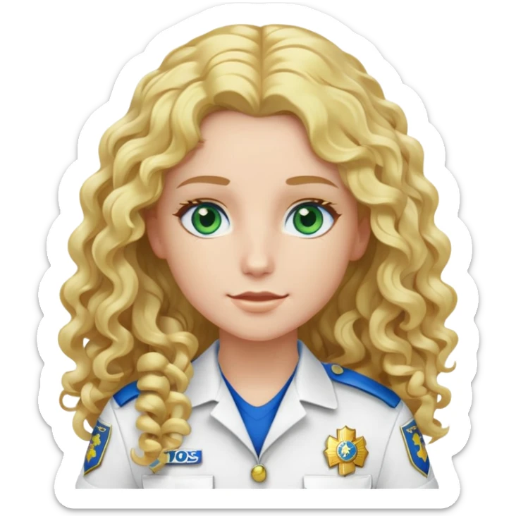 EMS personnel with long curly blonde hair and blue eyes with white and gold uniform green patch sticker