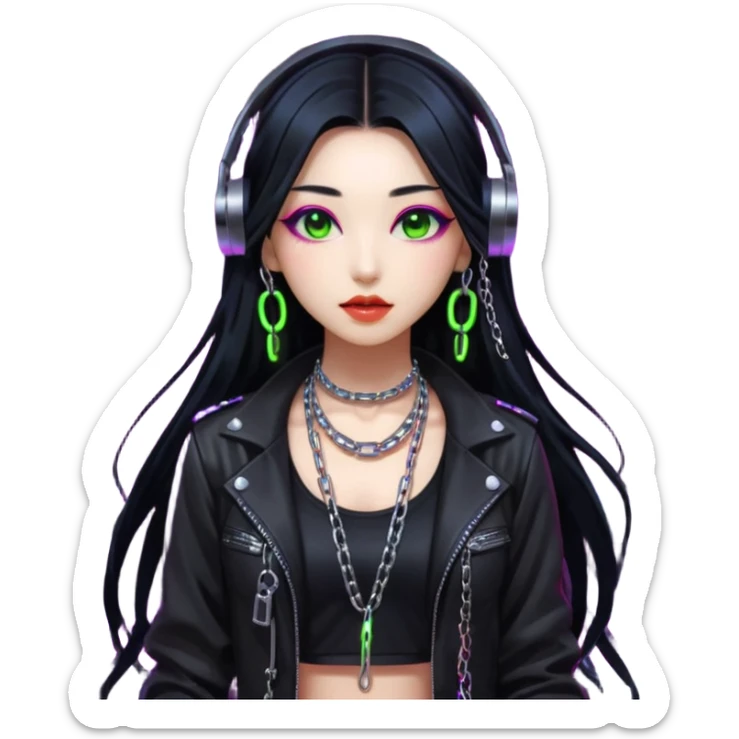  korean-techno-dj-girl,-wearing-a-stylish-edgy-outfit-with-metallic-chains,-long-black-hair,-performing-in-a-neon-lit-underground-club,-cyberpunk-aesthetic,-high-detail-3d-emoji-style,-energetic-and sticker