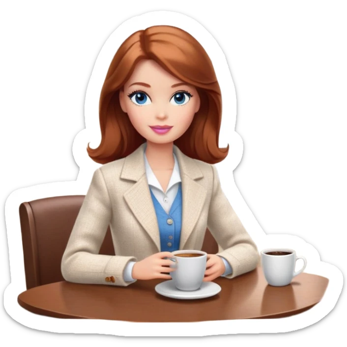 A Barbie girl with blue eyes, shoulder-length reddish-brown hair, made-up, wearing a white tweed jacket and a beige skirt, is sitting at a table with a cup of coffee in her hands sticker