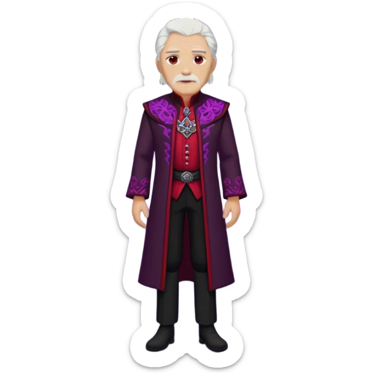 a white haired old man with purple eyes standing, full body, in Targaryen themed clothes, clothes are black and red themed HIS CLOTHES ARE NOT PURPLE  sticker