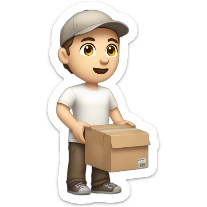 Pale skinned fit Man with dark brown hair in a beige cap, gray jeans, brown polo and white T-shirt keeping a pasted with tape white box into his hands sticker