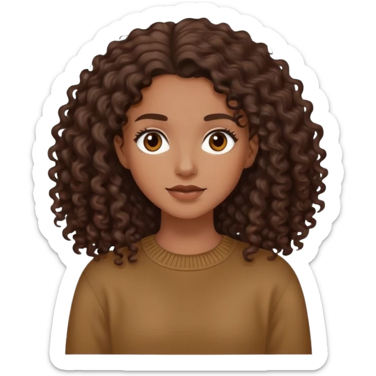 A white girl with long dark brown curly hair and a brown jumper sticker