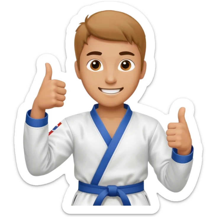 Crea un personaje masculino con el uniforme de taekwondo que tenga efecto dibujito y esté realizando este gesto con la mano👍🏼, debe estar sonriente sticker