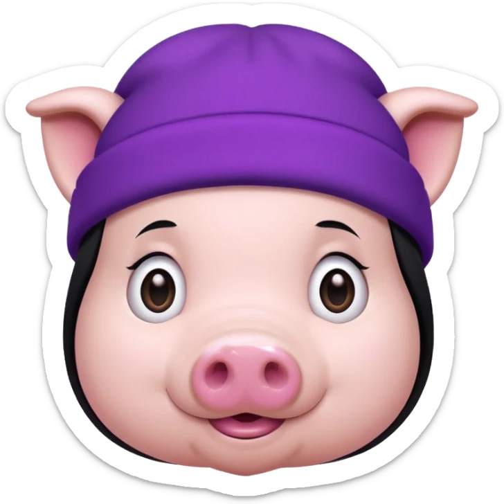 cute pig with a purple beanie and long straight black hair sticker