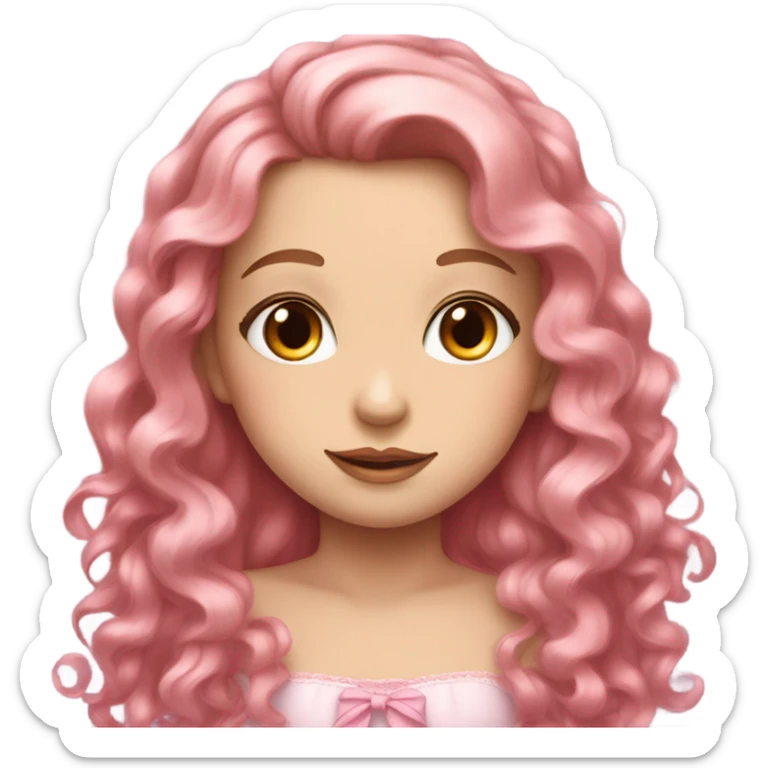 A white girl face with cute pinkish makeup and pretty pink hair ribbon and brown long curly hair; long like ling hair princess sticker