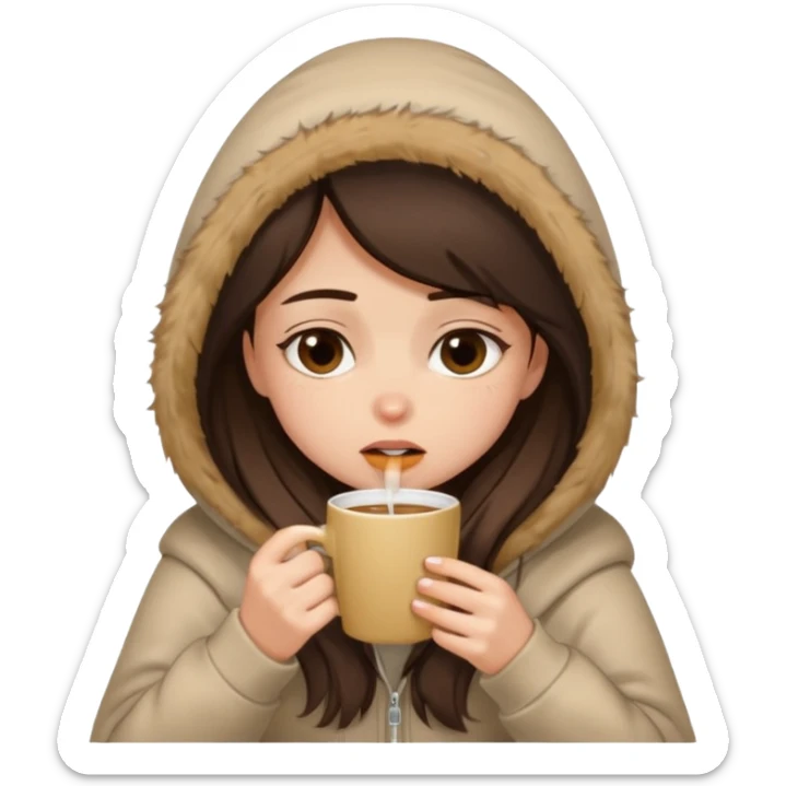 a brunette girl sitting cozily in a beige fur hoodie sipping coffee while crying sticker