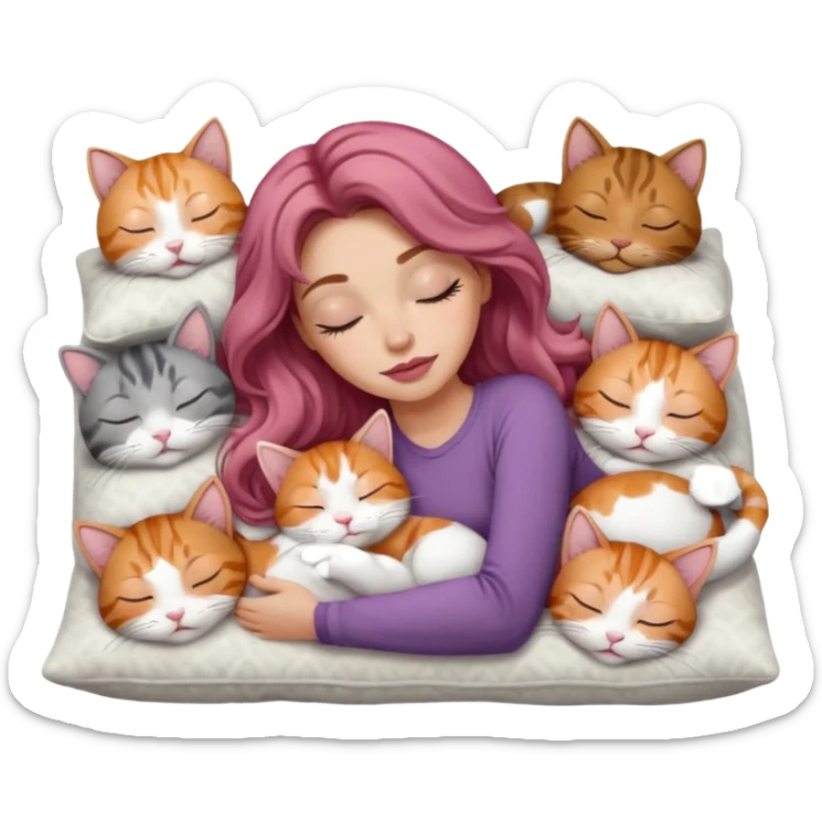 girl with long wavy brown hair, long lashes makeup, sexy pink lips, light to medium complexion,  sleeping on a cozy pillow, with 6 cats: 1 ginger/white, 1 grey with white paws, 1 calico, 2 grey and white and one tabby and white sticker