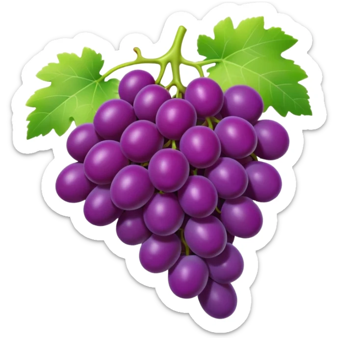 3D iPhone style emoji of a bunch of grapes, plump and shiny, purple color, attached to a small green stem, isolated on white background, soft shadows, high detail, playful and cute. sticker