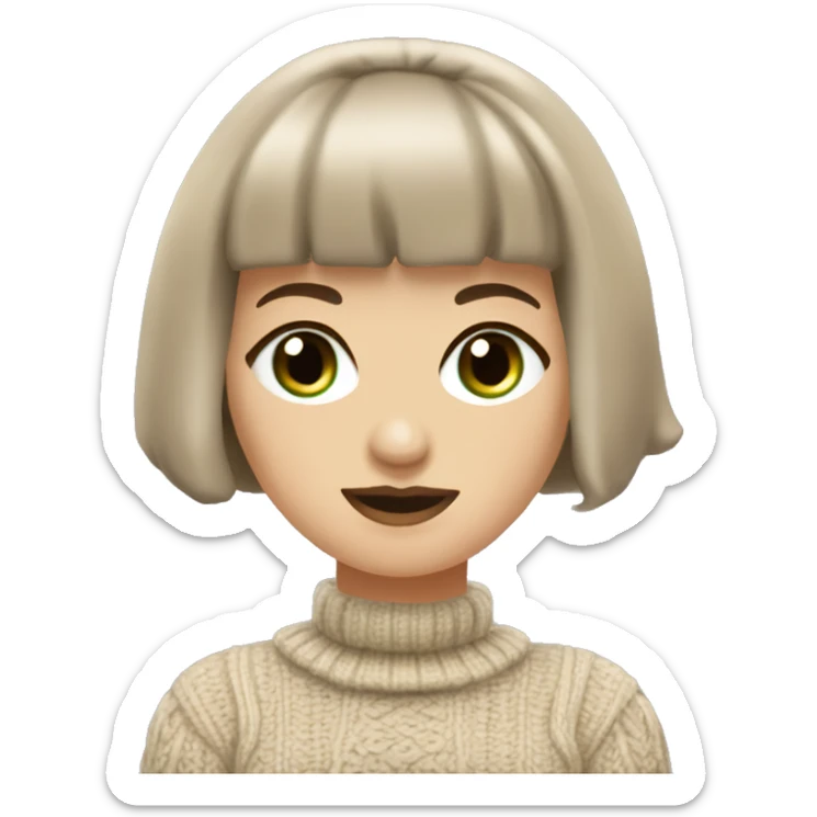 A Romanian woman with a short bob haircut featuring bangs and green eyes, wearing an elegant, light beige color straight-fit chunky knit dress with a twist pattern. She completes her look with black heels and dark brown shimmering stockings. sticker