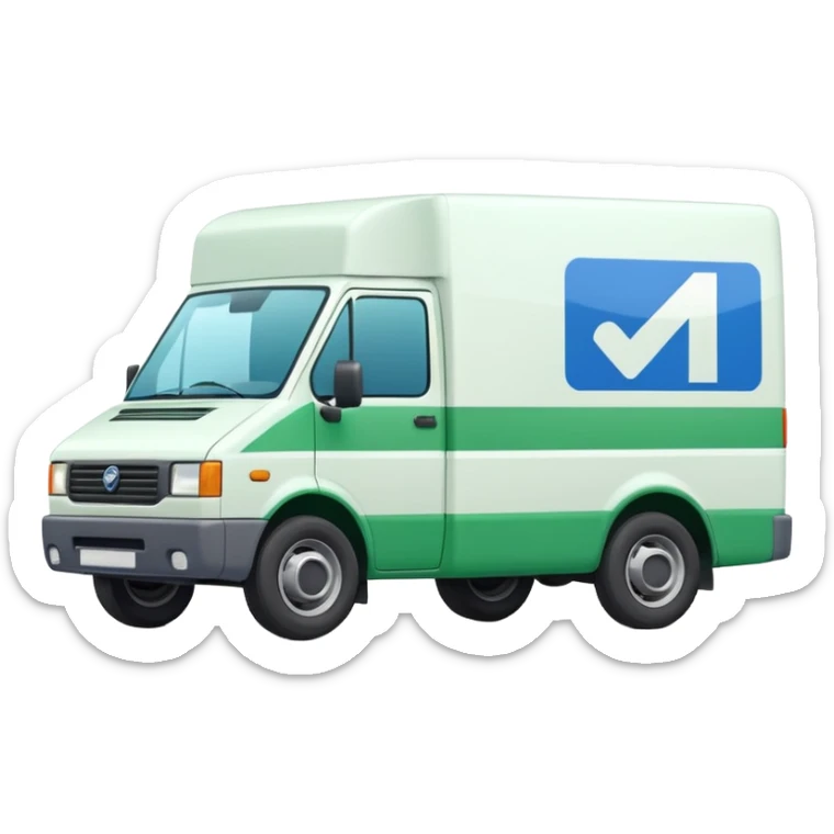 a white delivery van with green and blue color on the delivery van tarpaulin.  sticker