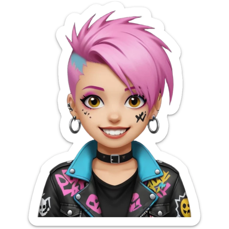 a punk girl with dyed hair and wear a punk graffiti jacket with black choker grin playfully  sticker