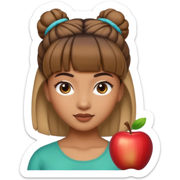 In Apple Memoji format, a girl with bangs and her hair in a bun. The girl has light brown skin and arab ethnic features sticker