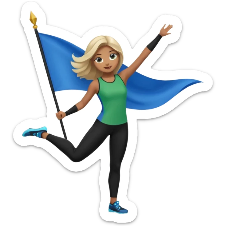 emoji style colorguard girl holding a green and blue flag, wearing black leggings and a green and blue top, energetic pose sticker
