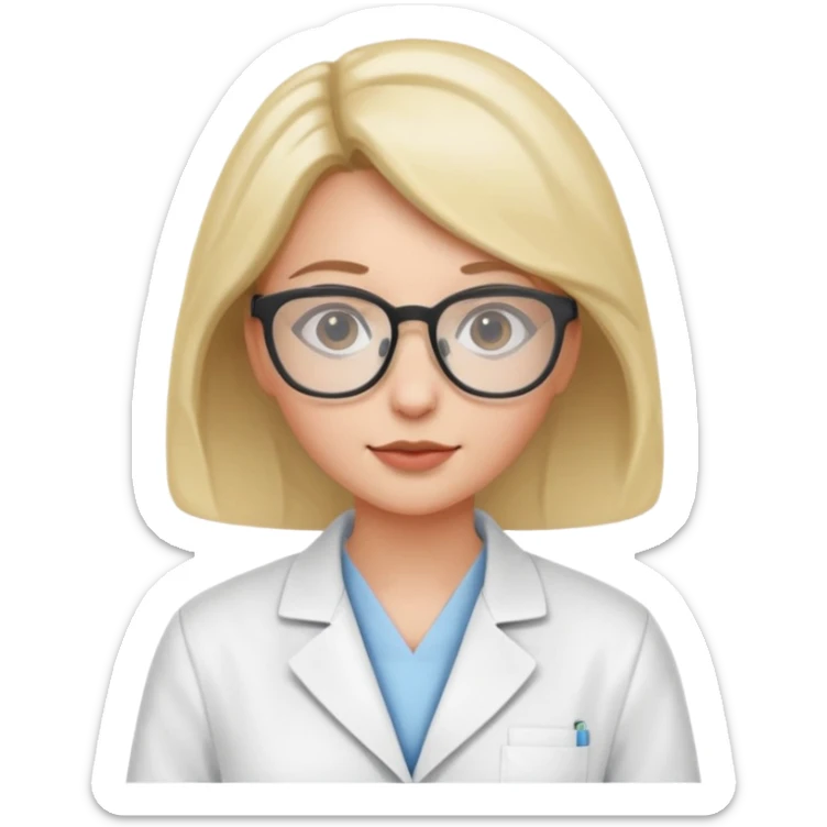 Portrait of a young female scientist wearing a white lab coat, glasses sticker
