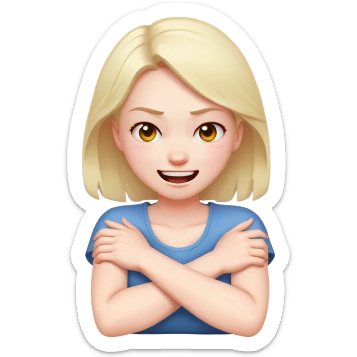 girl angry and laughing with arms crossed around her neck  sticker