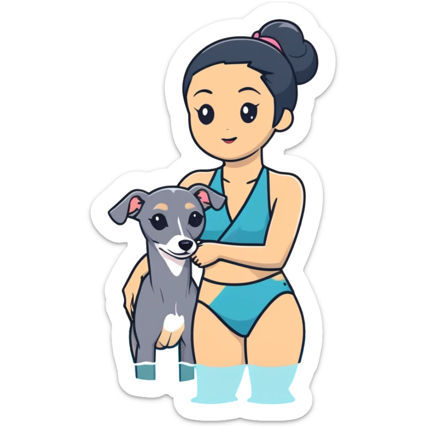 Very thin and slim Chinese woman with long black hair in pool attire at an indoor swimming pool with her Italian greyhound that is COMPLETELY solid dark grey with ABSOLUTELY ZERO white markings anywhere - 100% uniform dark grey color only sticker
