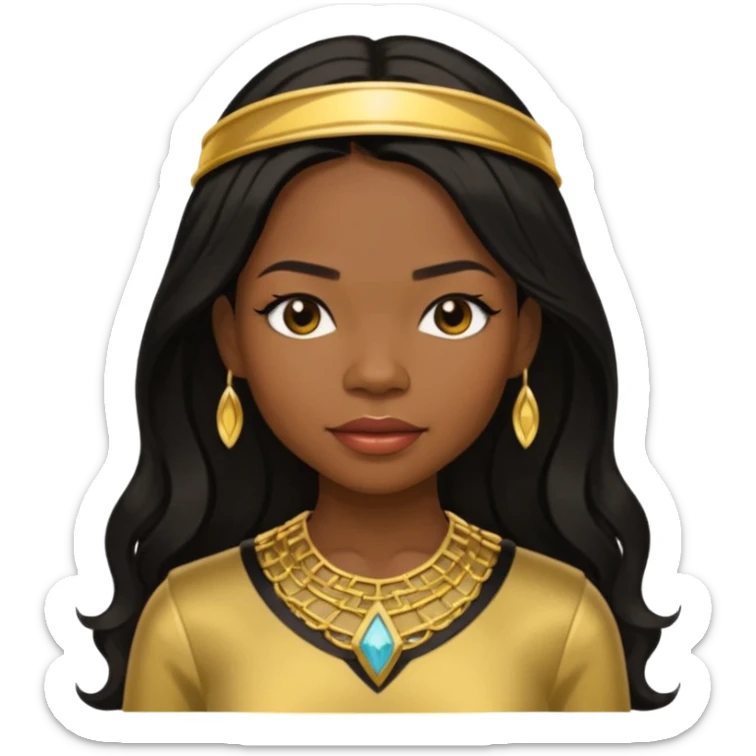 Michelle Williams from Destiny's Child with dark skin ,black long hair, gold outfit sticker