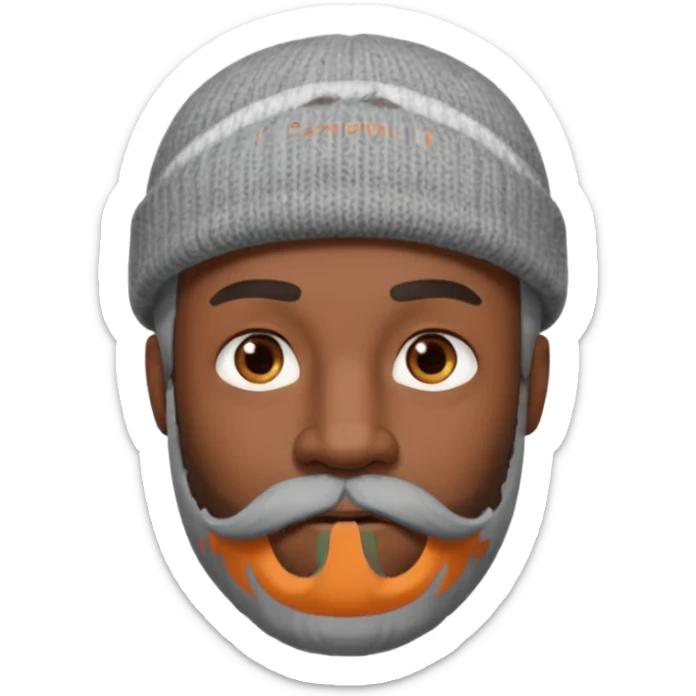 A dark-skinned man with a gray beanie, brown eyes, and a gray mustache and beard, wearing a calm expression. sticker