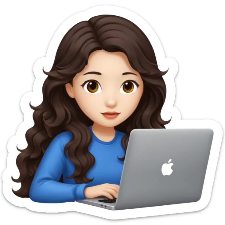 beautiful girl, with long dark brown hair, wavy hair, chinese, with laptop sticker