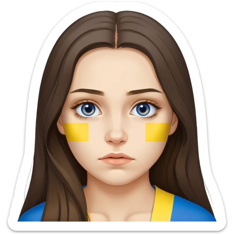 Brunette woman with long hair, Ukrainian flag (blue and yellow) painted on her cheek, sad expression sticker