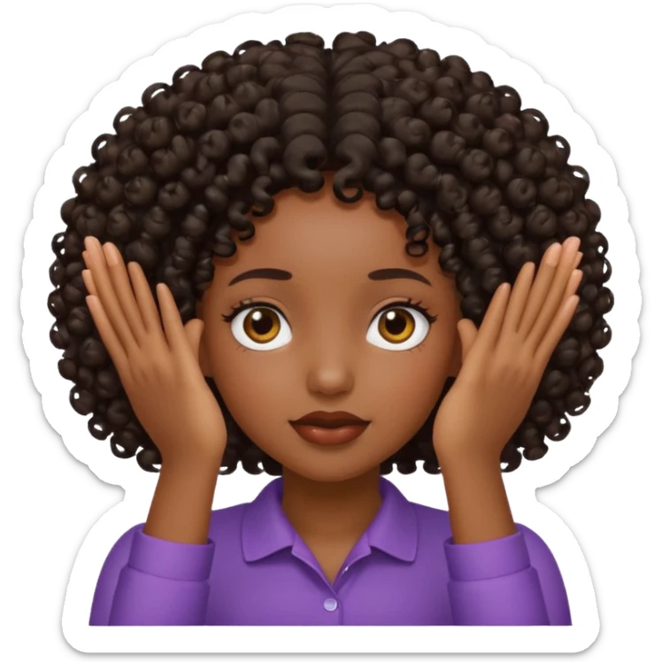 A black girl with curly hair put two hands in front of her face sticker