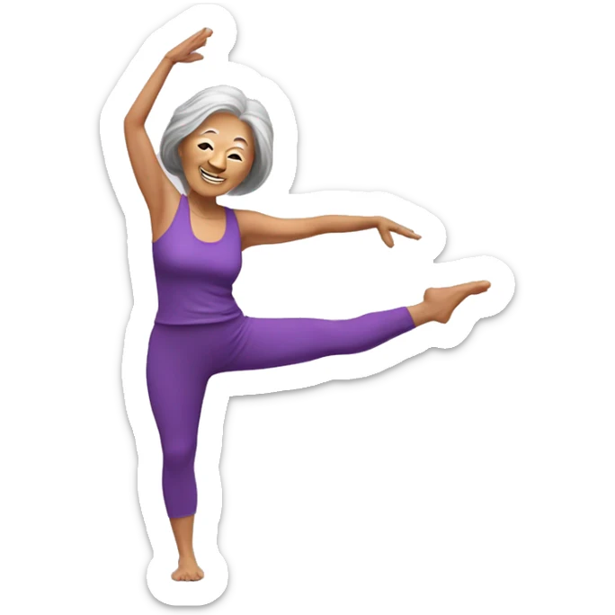 Long hair Asian senior woman in purple yoga cloth dancing Zumba sticker