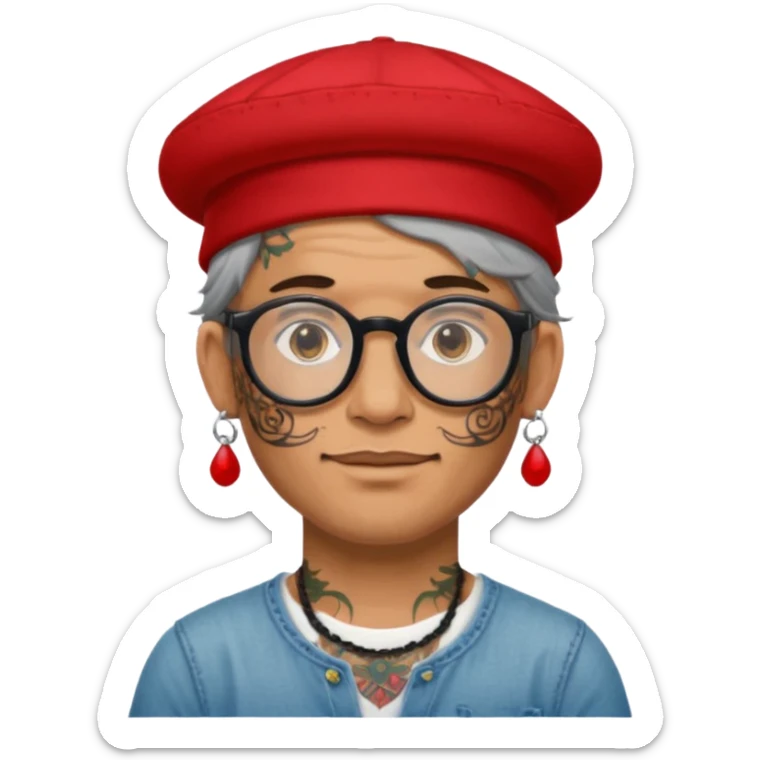 unique looking tourist with big unique red tourist hat and earrings, man with lots of tattoes and spectacles, hair showing sticker