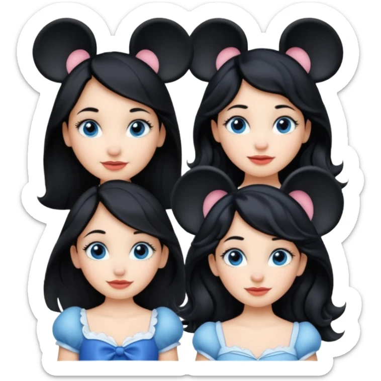 escribe el nombre Disneyland Paris y para titulo, pon a quatro chicas: una pelo corto negro, una pelo rizado largo, una pelo largo liso y la otra pelo ondulado mediano, esta con el ojos azules. Todas tienen piel carne sticker