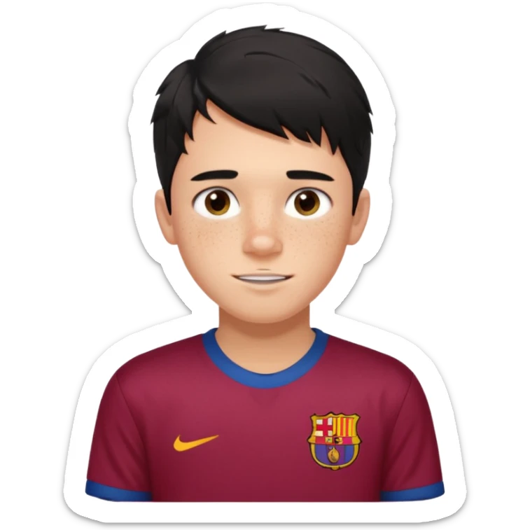 Un chico con pelo liso, desordenado y negro, tiene pecas, brackets, ojos cafés oscuros y con una camisa del Barcelona  sticker