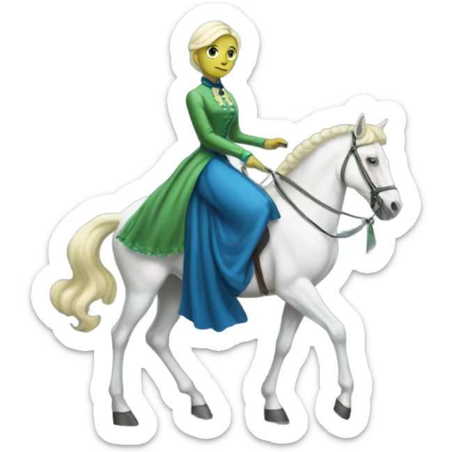 "galora green blonde alien woman" in blue Victorian dress elegant, full body, on white horse sticker