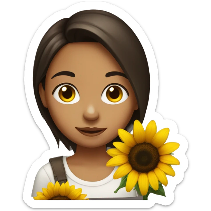 Dark brown hair, brown eyed girl holding sunflower sticker