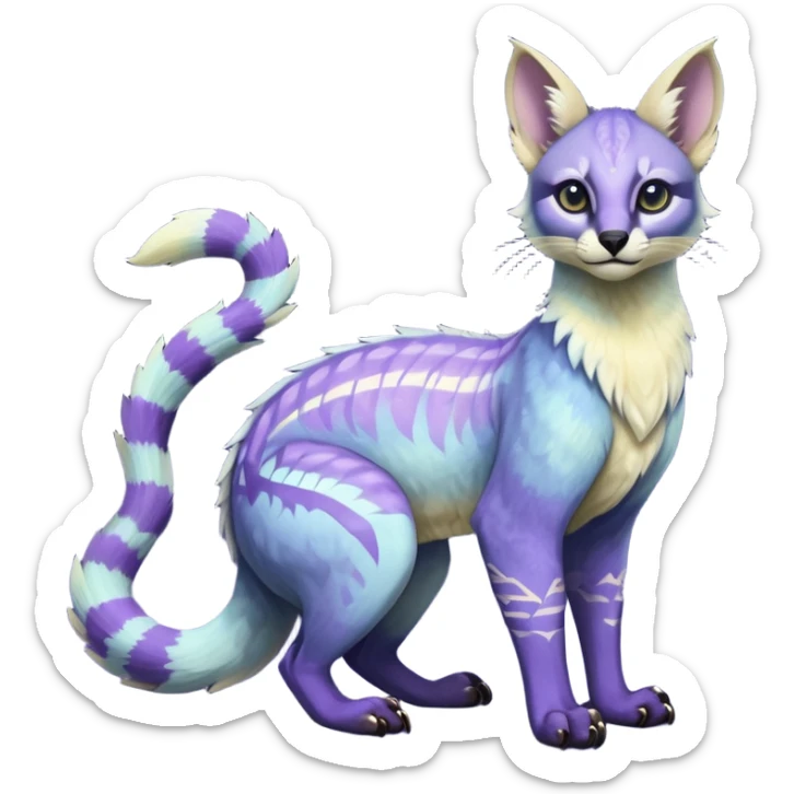 banana-cream-colored, tropical tribal glorious iridescent divine exotic cute cool beautiful beautiful fantasy-caracal-civet-genet-sergal-vernid-Gryphon-Cacomistle-Trico-oncilla-animal-Fakémon-hybrid-fursona (full body) with light slight indigo-violet-gradients accents  sticker