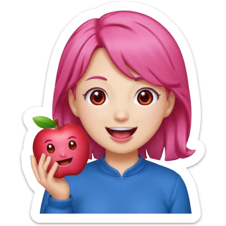 Teto Kasane emoji, apple style, pink twin-drill hair, red eyes, blue outfit, smiling with open mouth sticker