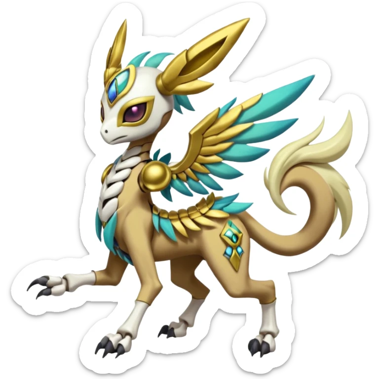 Big-eyed anime-styled Colorful Shiny Tribal Skeletal masked armored Meloetta-Silvally-Solgaleo-Raikou-Pokémon-Digimon-Fakémon-fusion-hybrid-creature, full body sticker