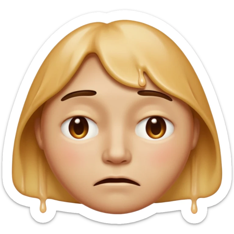 Apple-style emoji person inspired by the Apple melting face emoji (🫠), with a slightly drooping lower face due to heat, solid soft texture, annoyed and exhausted expression, raised eyebrow, unimpressed half-closed eyes, subtle sweat drops, consistent skin color, no dripping or glossy liquid effec. sticker