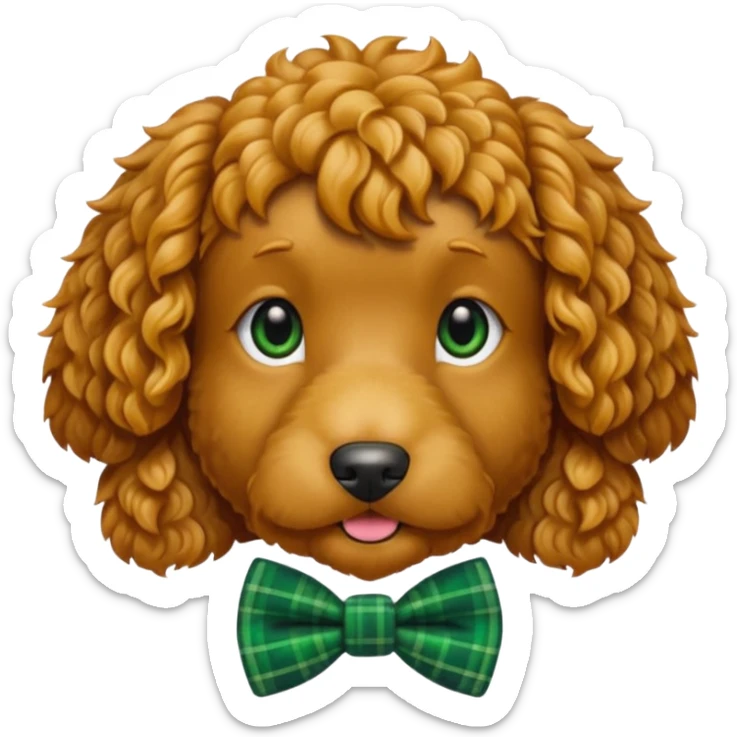 Golden doodle dog with curly hair wearing a green plaid bowtie sticker