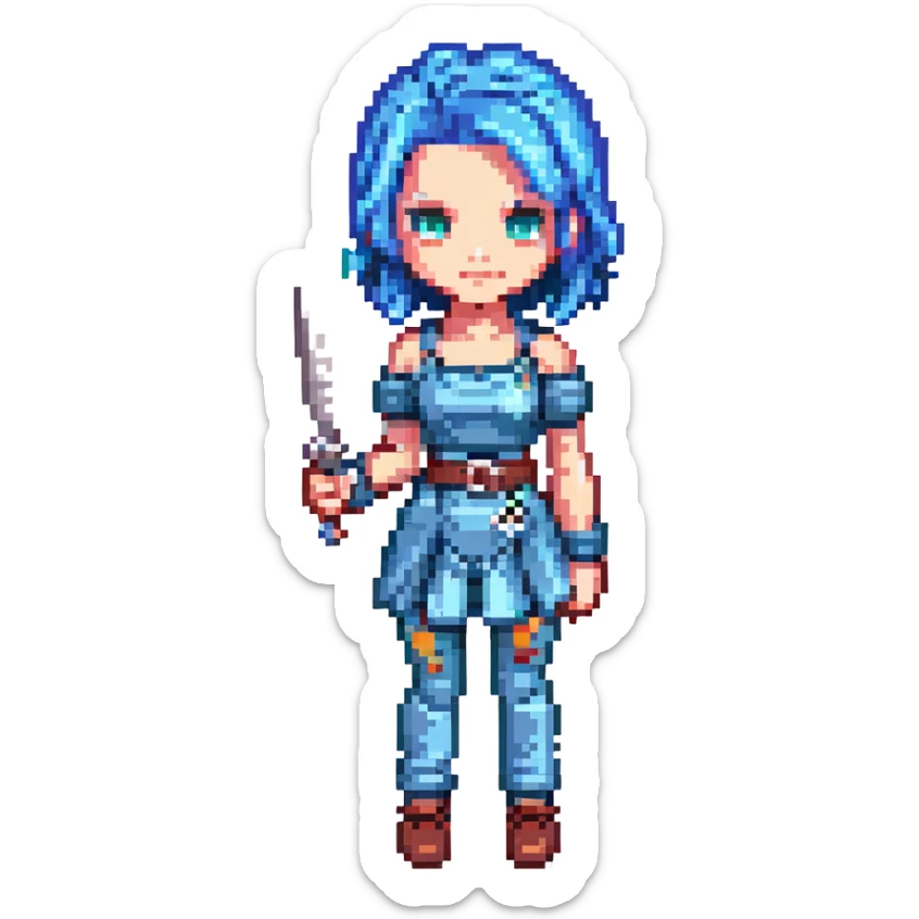 Gwen from League of Legends pixel art style, blue hair, holding scissors, simplified costume, game sprite look sticker