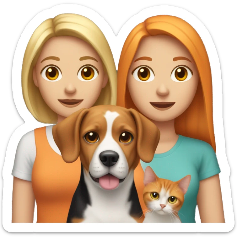 two white women couple, with one beagle dog, one orange cat, and two domestic short hair cats sticker