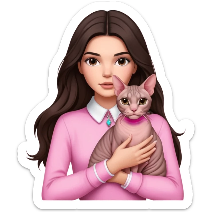 brunette Kendall Jenner with long hair holding on the hands a Sphynx cat wear on pink collar sticker