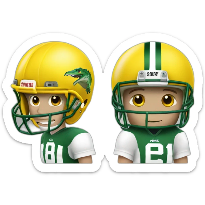 White Boy in football gear and a yellow helmet with a crocodile on it sticker
