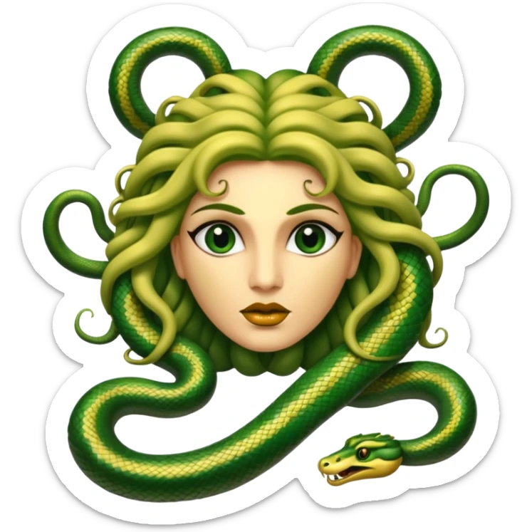 The Sicilian Medusa in gold and green and make the snake hair have snake faces  sticker