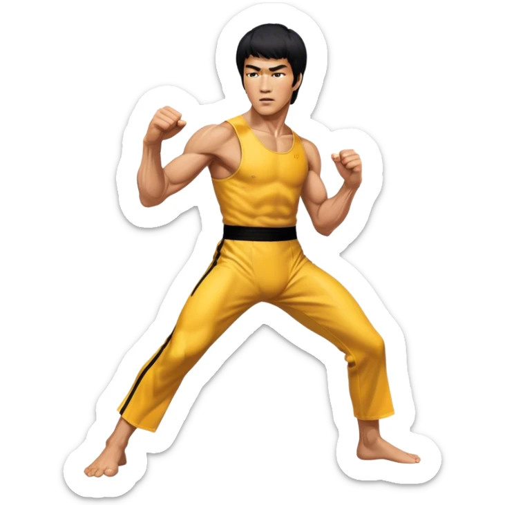 Cinematic Realistic portrait of Bruce Lee, shown as a legendary martial artist in a dynamic, powerful pose with modern athletic attire and finely detailed muscle definition, rendered in dramatic action lighting sticker