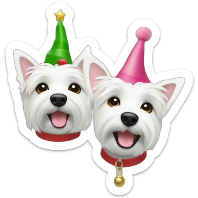 Two westie dogs, one female with pink ears and red collar, one male with black ears, green collar.  Both celebrating christmas sticker
