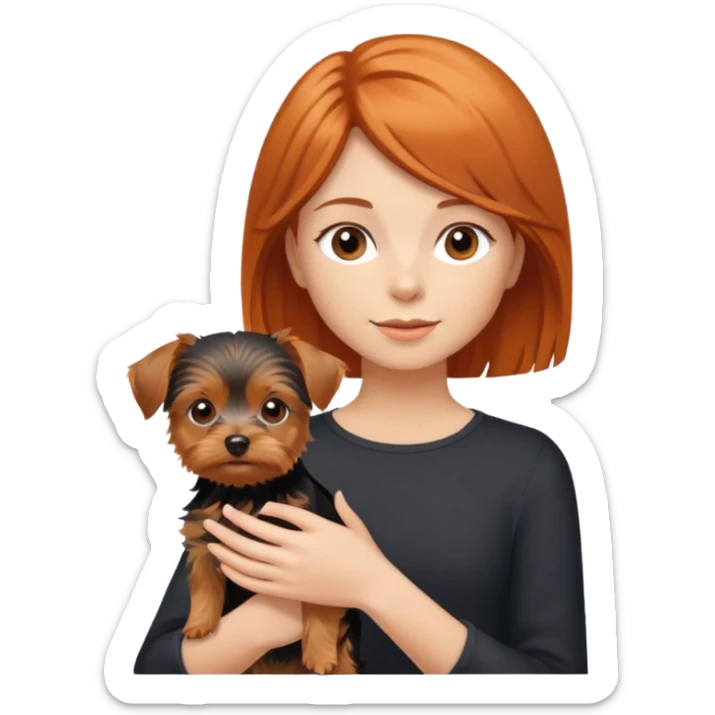 A girl with shoulder-length orange-brown hair holding a short-haired Yorkshire terrier. sticker
