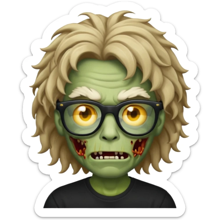 Crie um zumbi estilo emoji do iPhone com cabelo ondulado grande masculino com camiseta preta e óculos de grau preto sticker